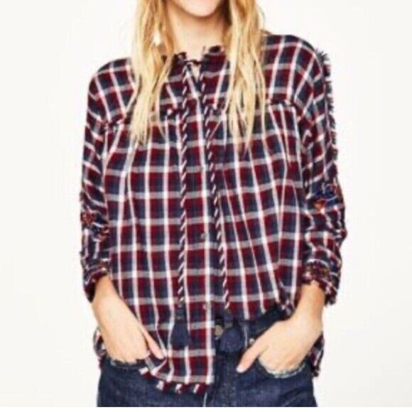 ZARA Boho Chill It’s Only Chaos Plaid Button Down Top - Picture 1 of 7
